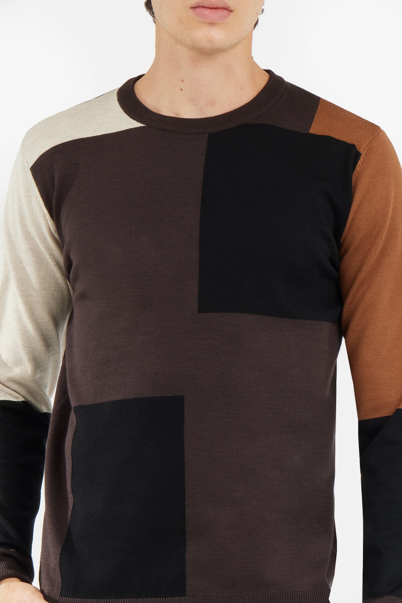Uomo Bianco Pullover Maglione Girocollo Colorblock - Foto 3