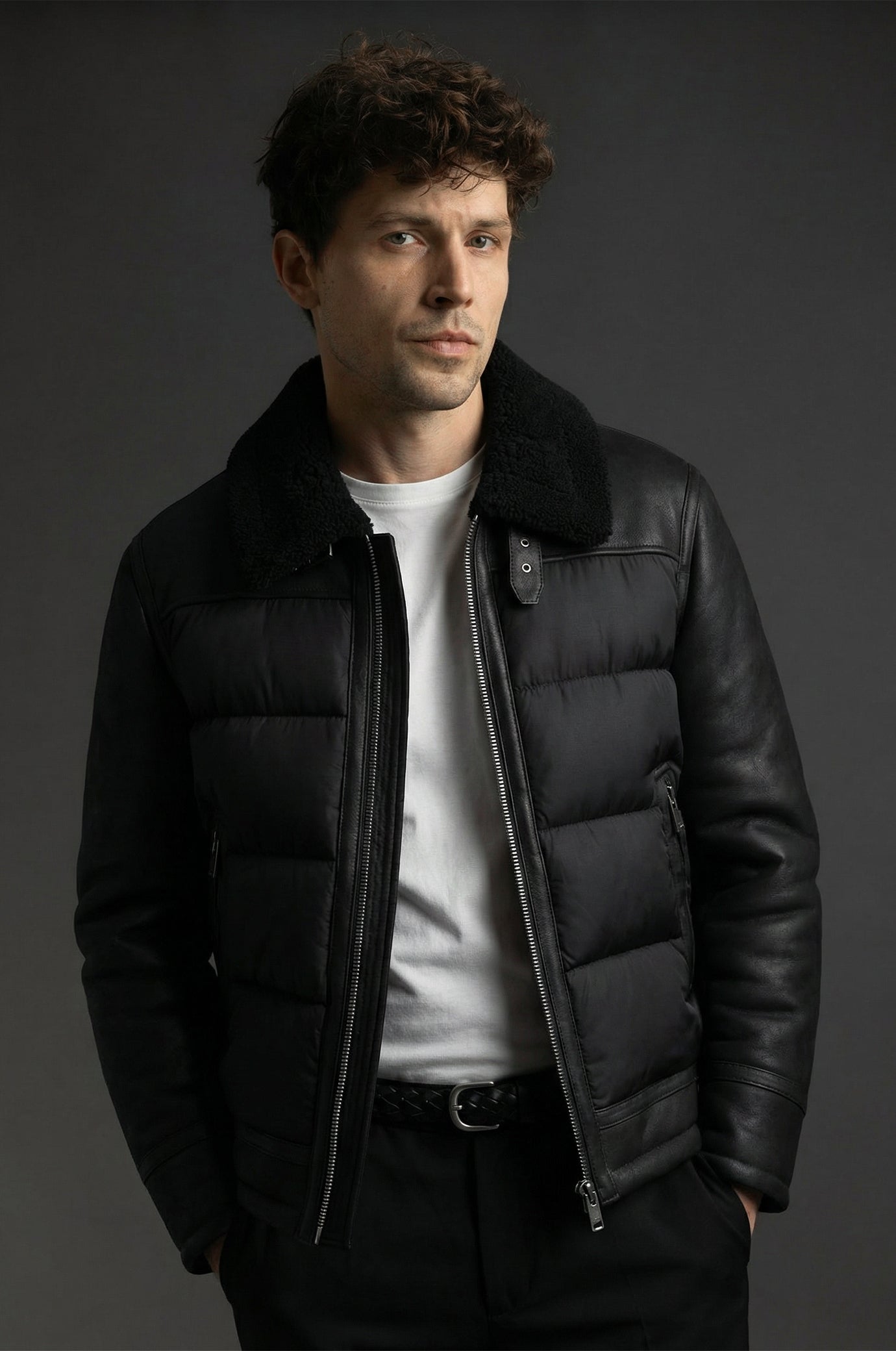 Giubbotto piumino effetto montone|Colore:Nero