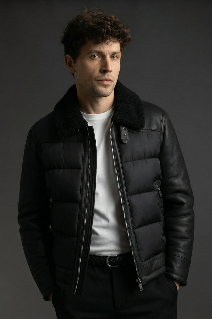 Giubbotto piumino effetto montone|Colore:Nero