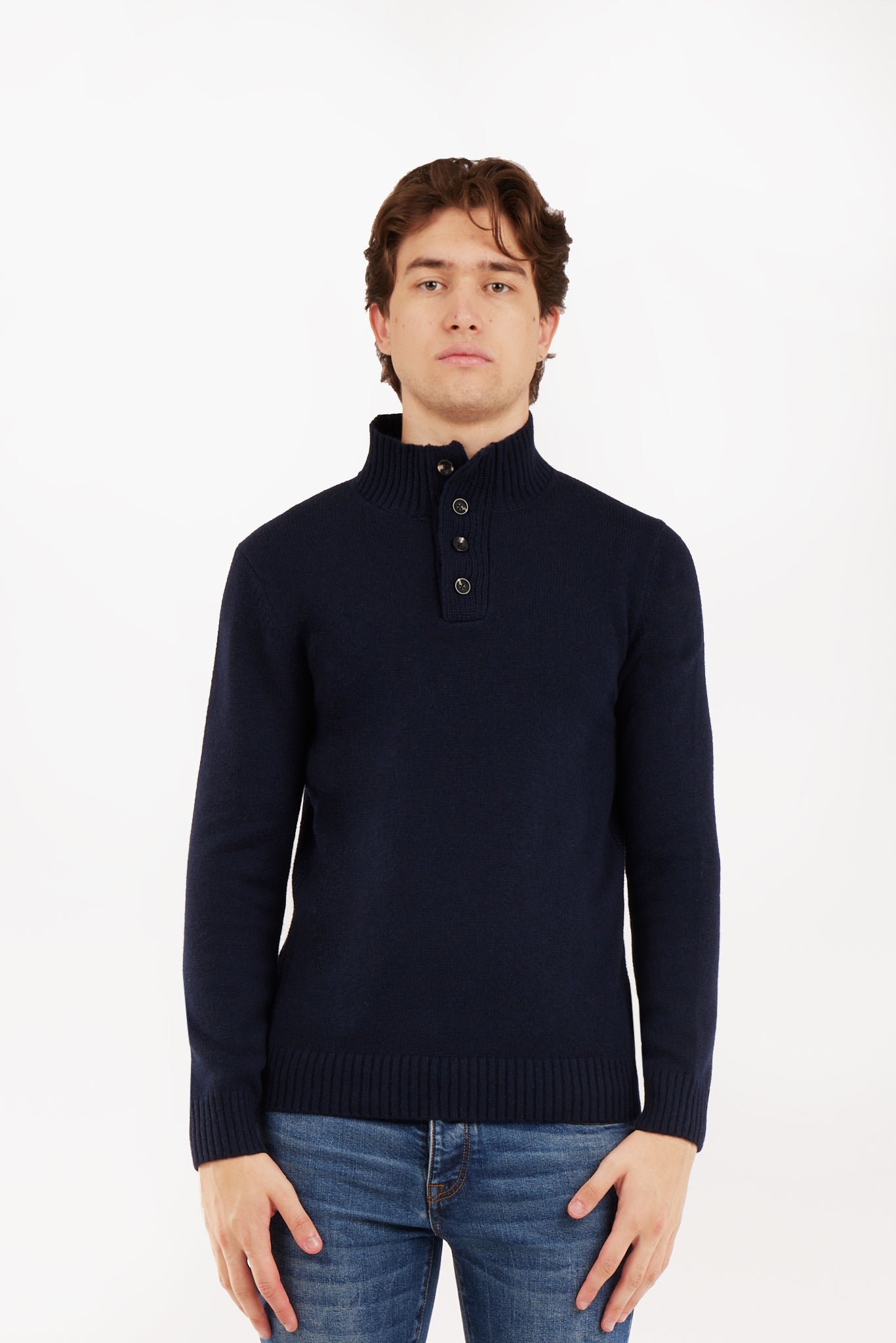 Pullover lupetto misto lana con bottoni|Colore:Blu/navy