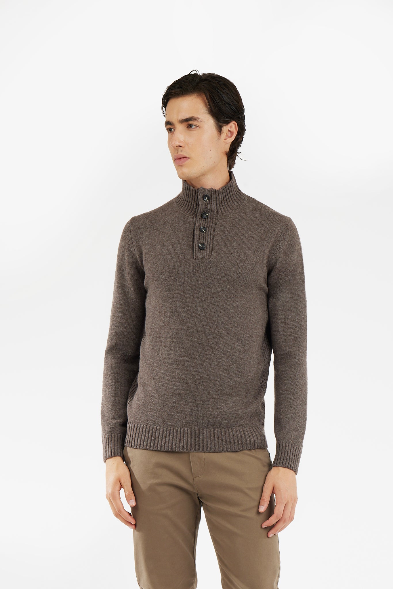 Pullover lupetto misto lana con bottoni|Colore:Fango/melange