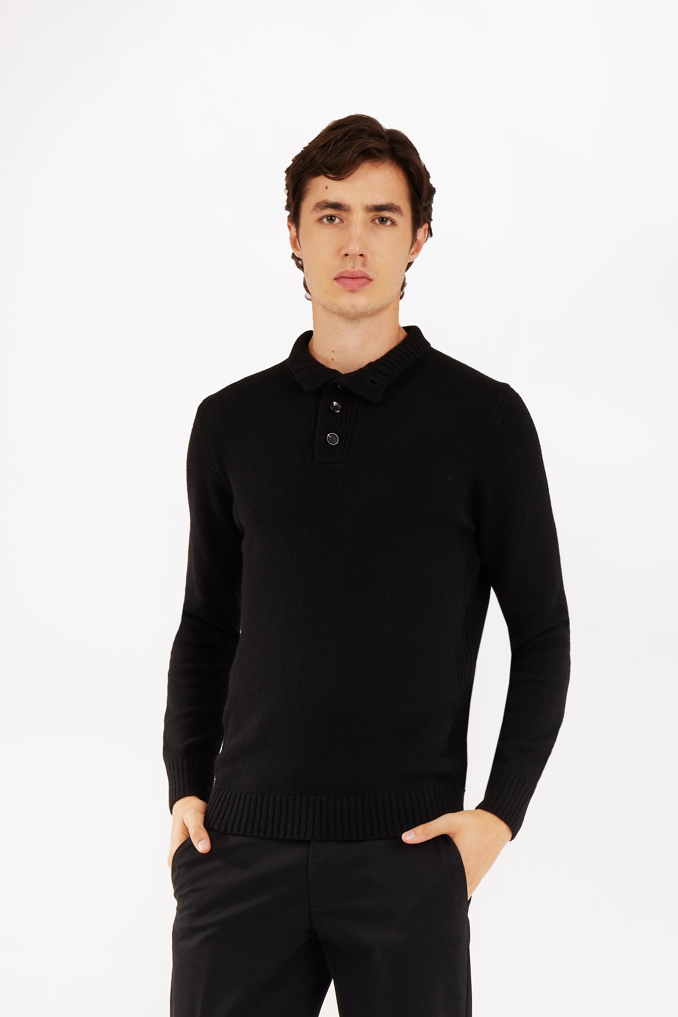 Pullover lupetto misto lana con bottoni|Colore:Nero