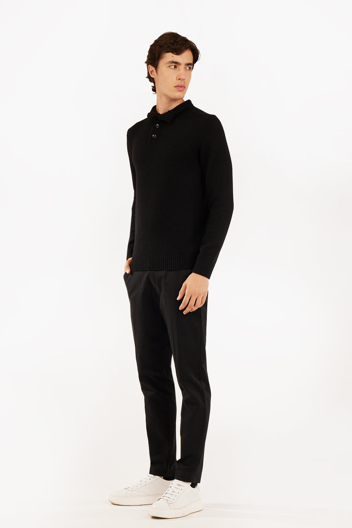 Pullover lupetto misto lana con bottoni|Colore:Nero