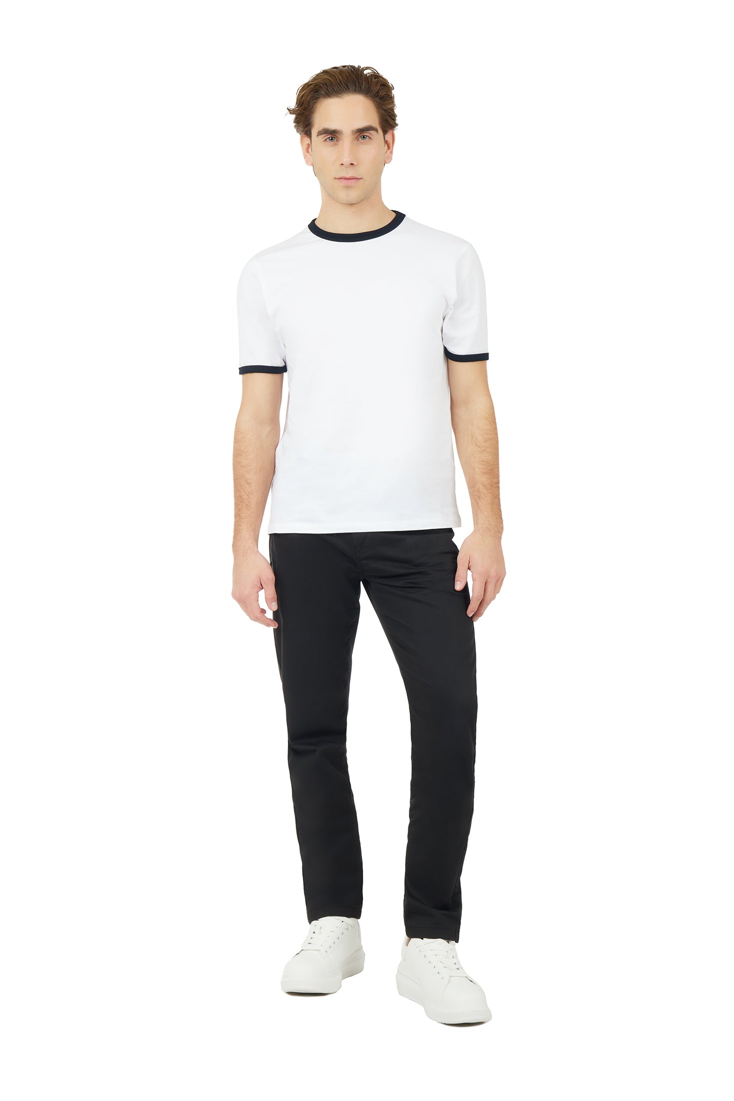 T-shirt con rifinitura a contrasto|Colore:Bianco/blu navy