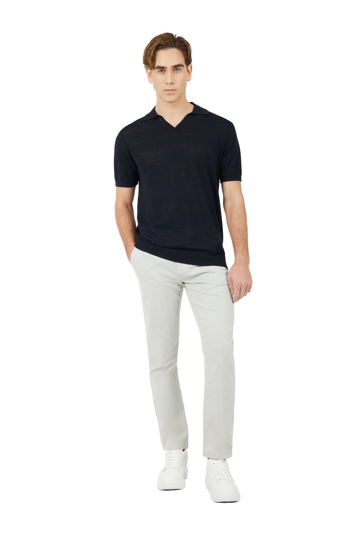 Polo derby in maglia misto lino seta|Colore:Blu/navy