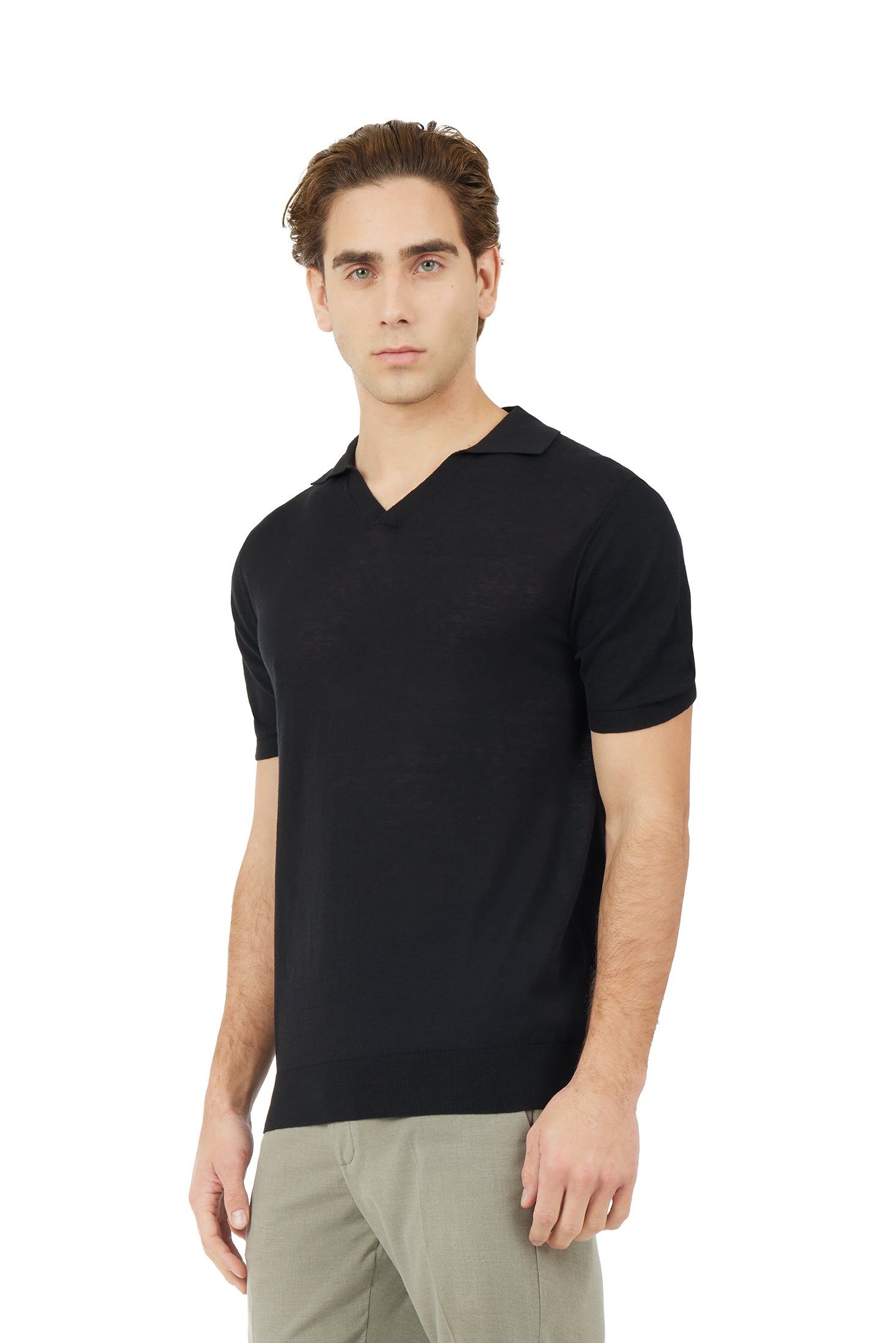 Polo derby in maglia misto lino seta|Colore:Nero