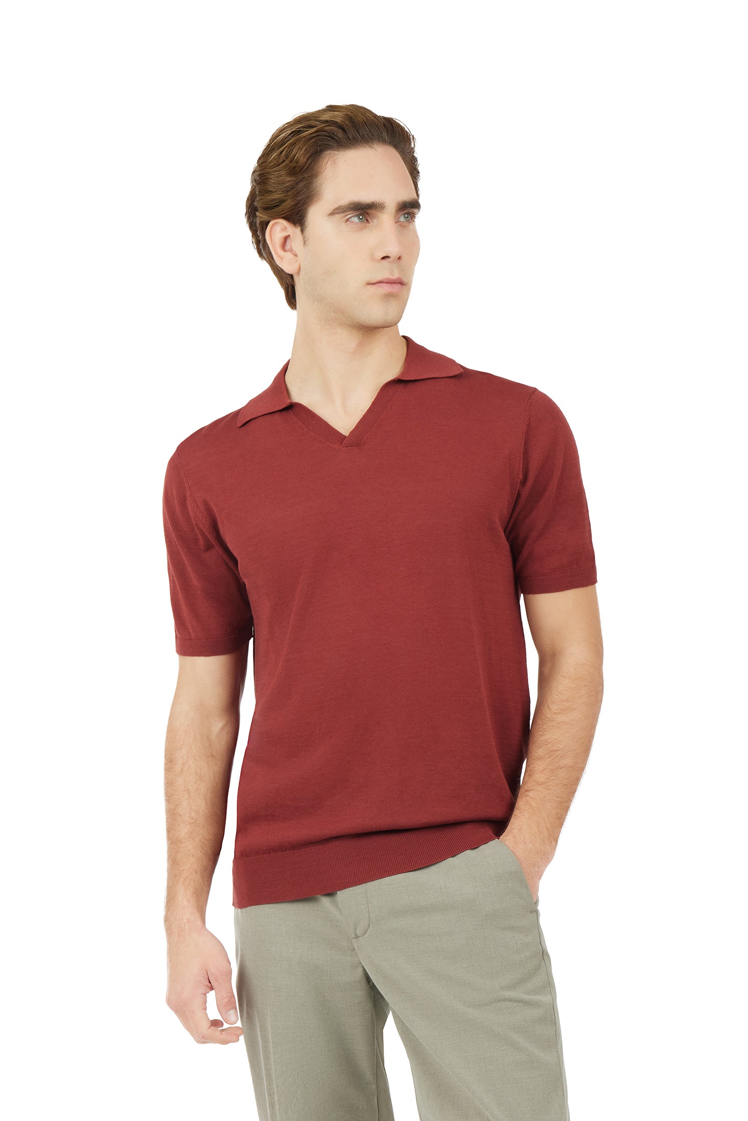 Polo derby in maglia misto lino seta|Colore:Terracotta