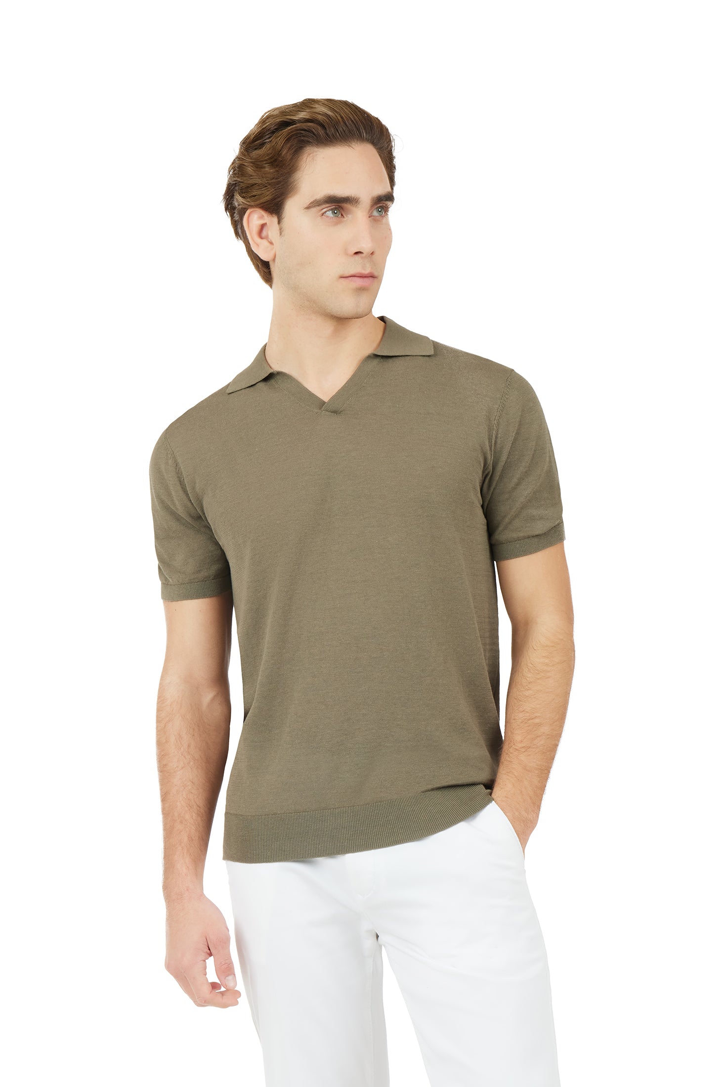 Polo derby in maglia misto lino seta|Colore:Verde militare