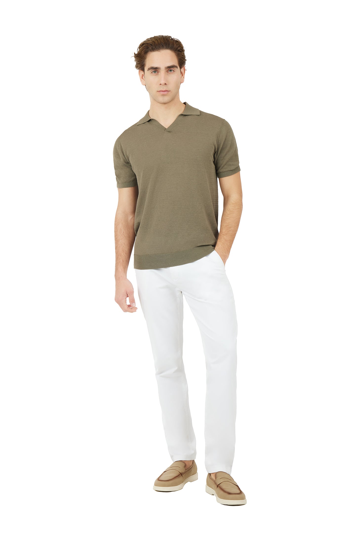 Polo derby in maglia misto lino seta|Colore:Verde militare