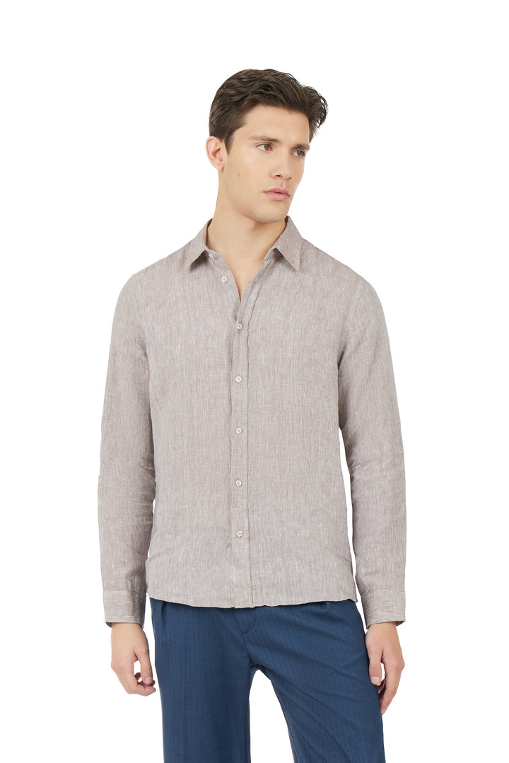 Camicia comfort fit in lino|Colore:Fango/melange