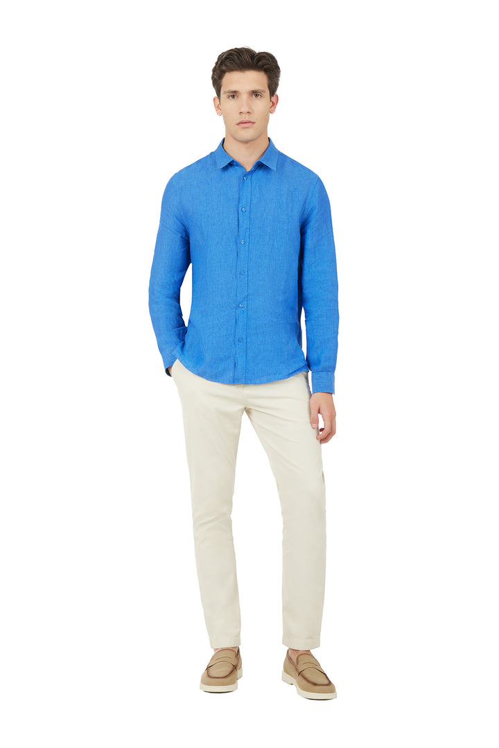 Camicia comfort fit in lino|Colore:Indaco melange