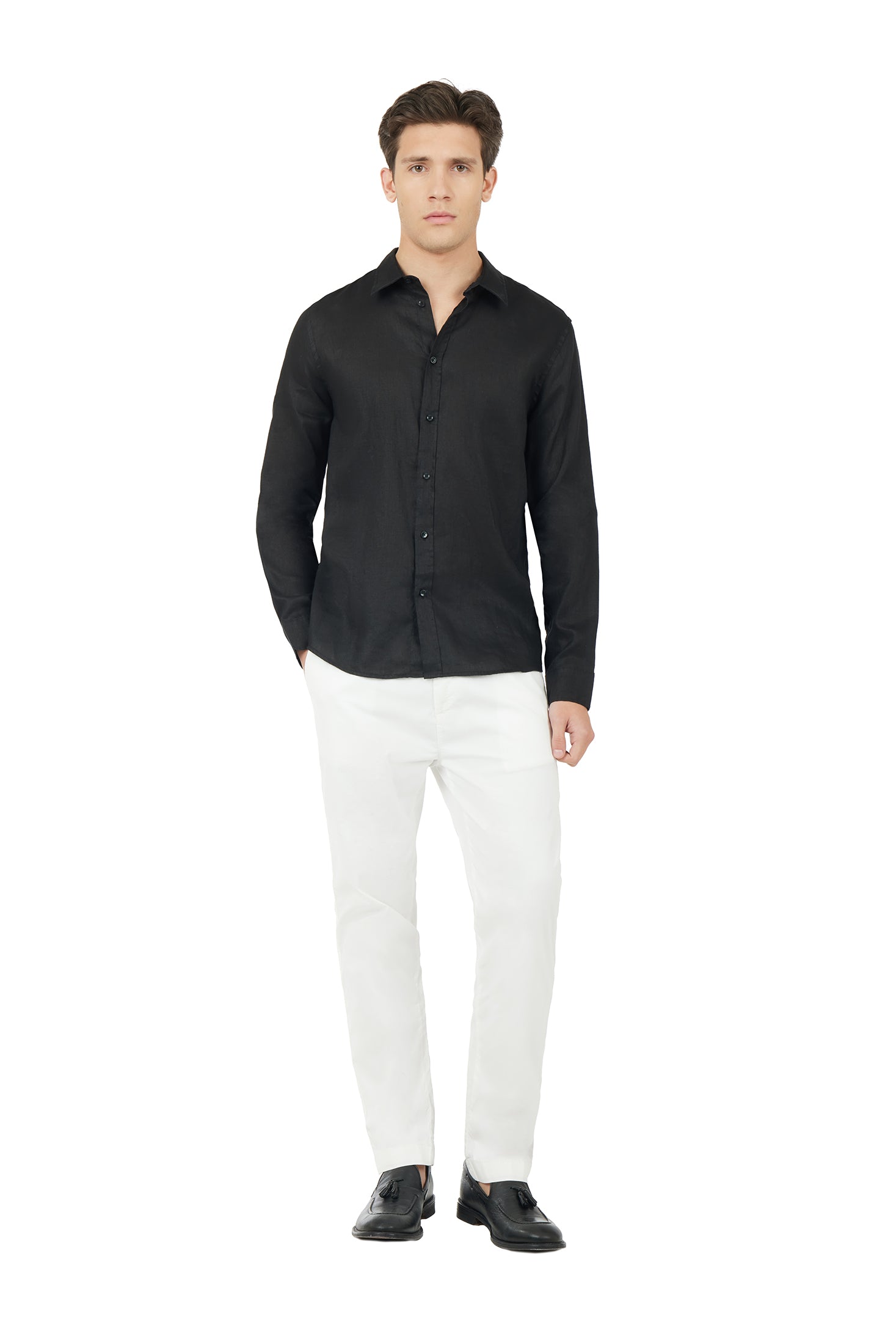 Camicia comfort fit in lino|Colore:Nero