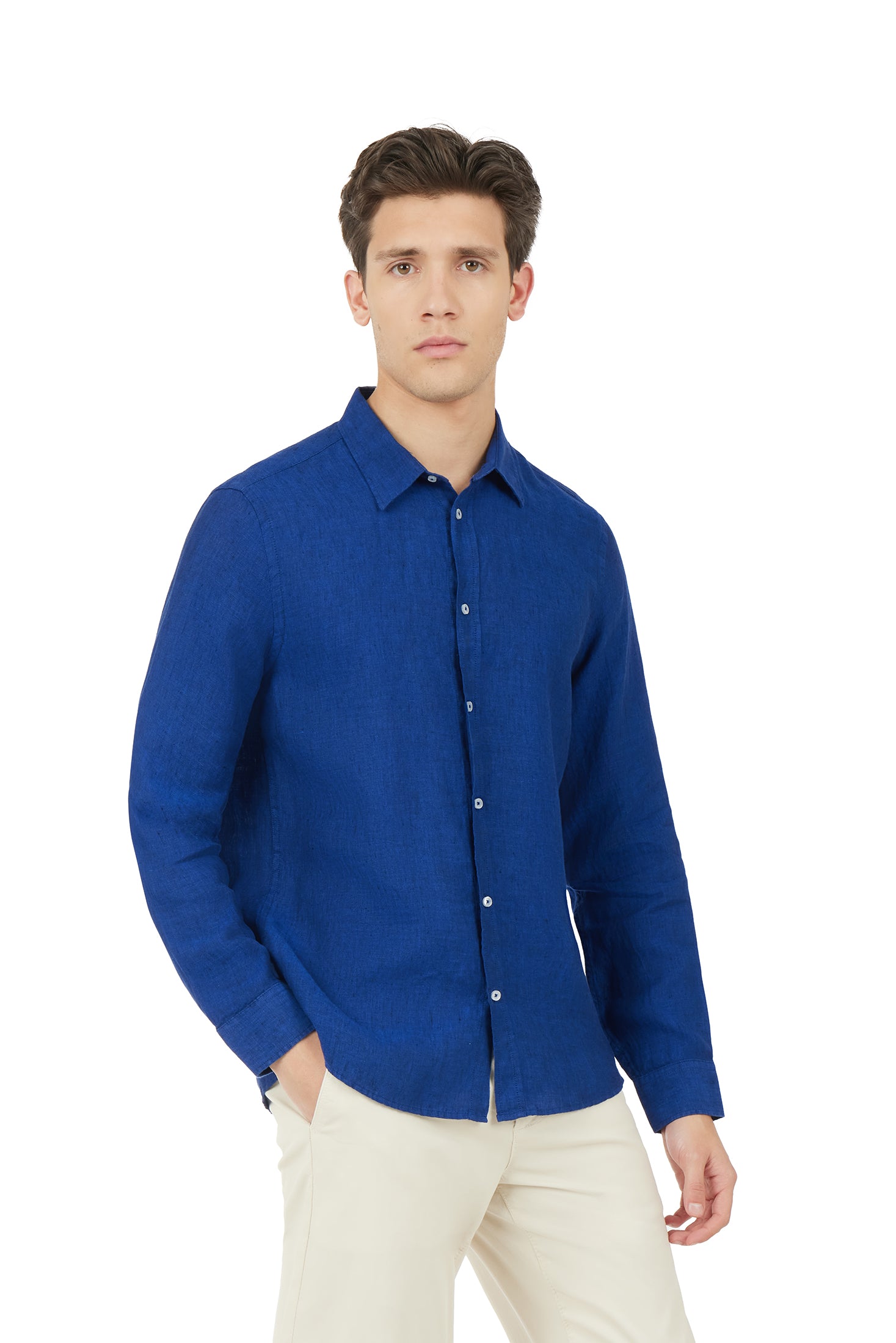 Camicia comfort fit in lino|Colore:Royal/melange