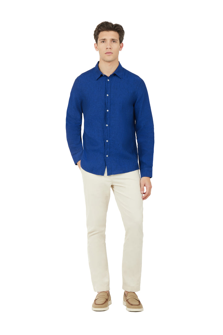 Camicia comfort fit in lino|Colore:Royal/melange