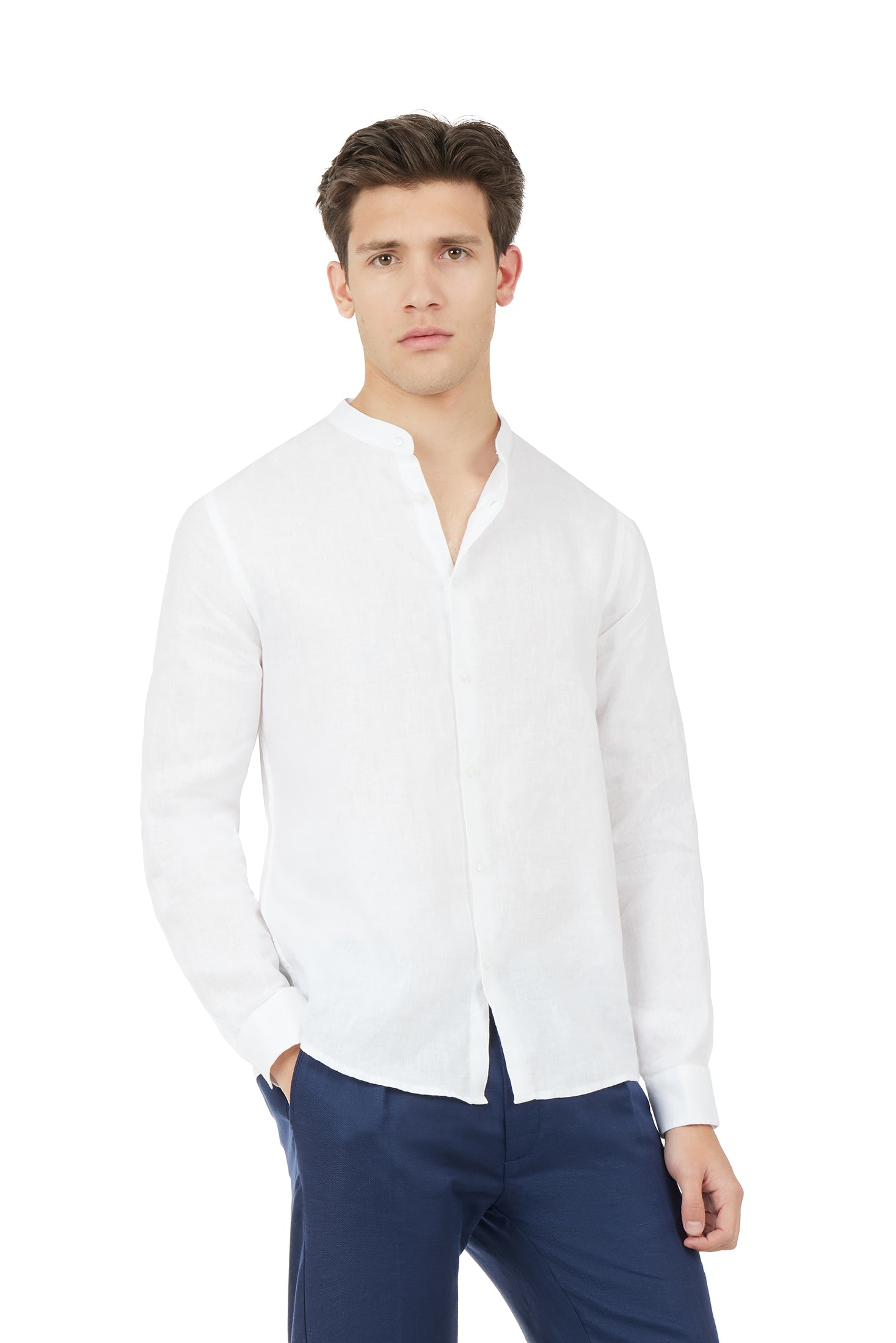 Camicia comfort fit coreana in lino|Colore:Bianco