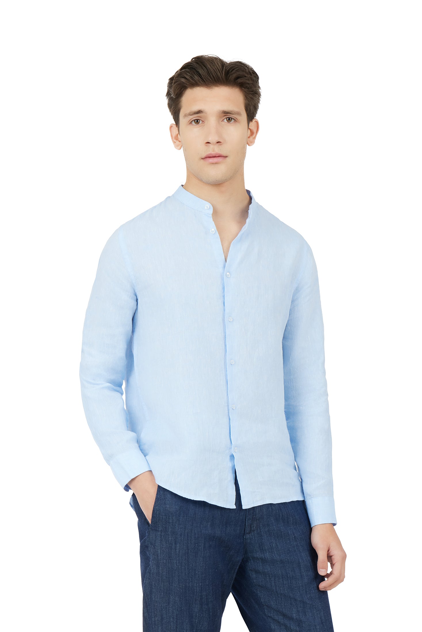 Camicia comfort fit coreana in lino|Colore:Celeste-melange