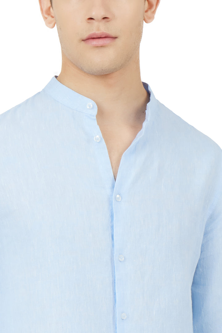 Camicia comfort fit coreana in lino|Colore:Celeste-melange