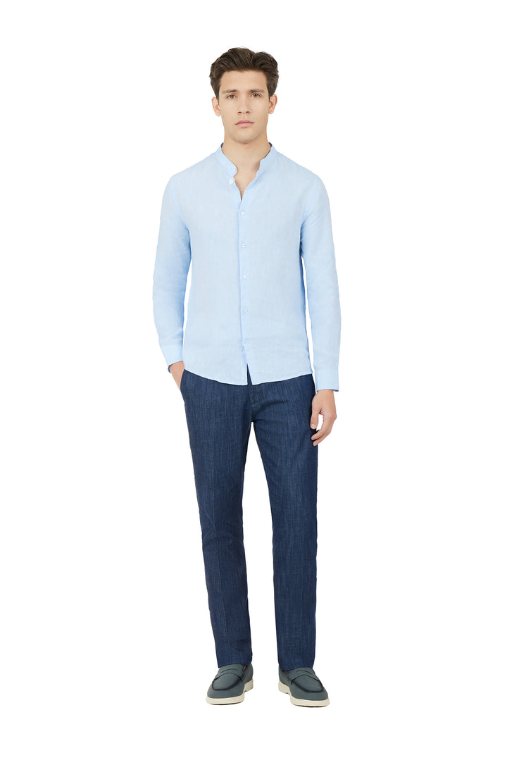 Camicia comfort fit coreana in lino|Colore:Celeste-melange