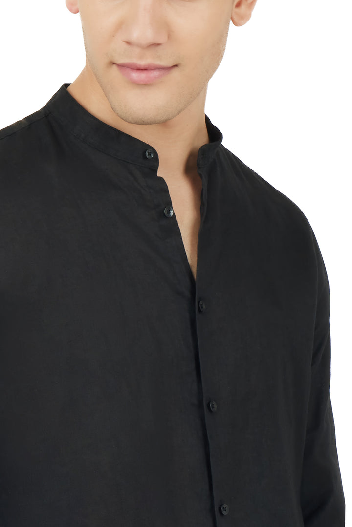 Camicia comfort fit coreana in lino|Colore:Nero