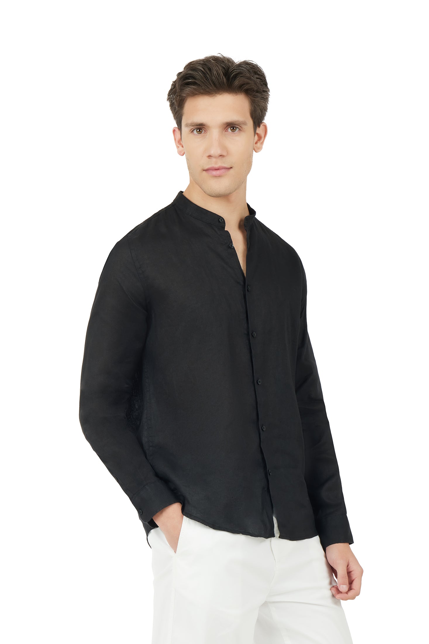 Camicia comfort fit coreana in lino|Colore:Nero