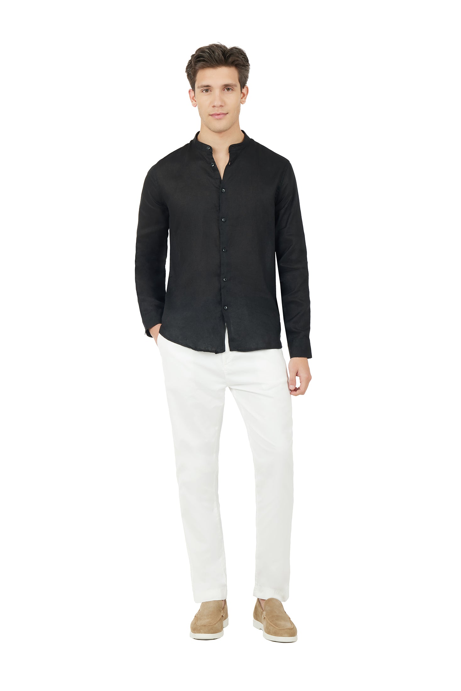 Camicia comfort fit coreana in lino|Colore:Nero