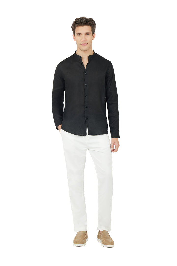Camicia comfort fit coreana in lino|Colore:Nero