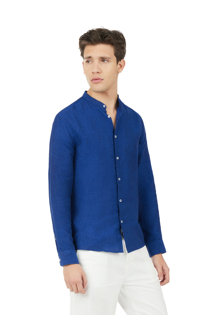 Camicia comfort fit coreana in lino|Colore:Royal/melange