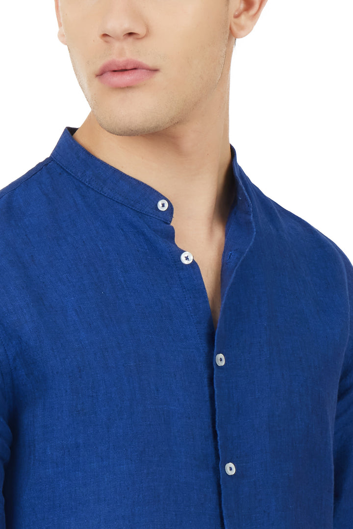 Camicia comfort fit coreana in lino|Colore:Royal/melange