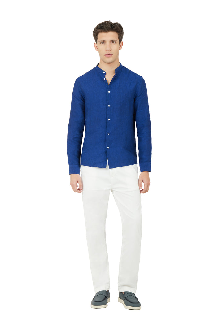 Camicia comfort fit coreana in lino|Colore:Royal/melange