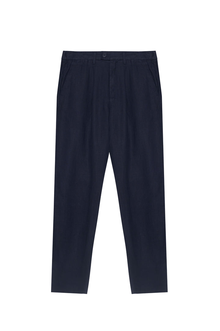 Pantaloni chinos drop crotch fit in 100% lino|Colore:Blu/navy