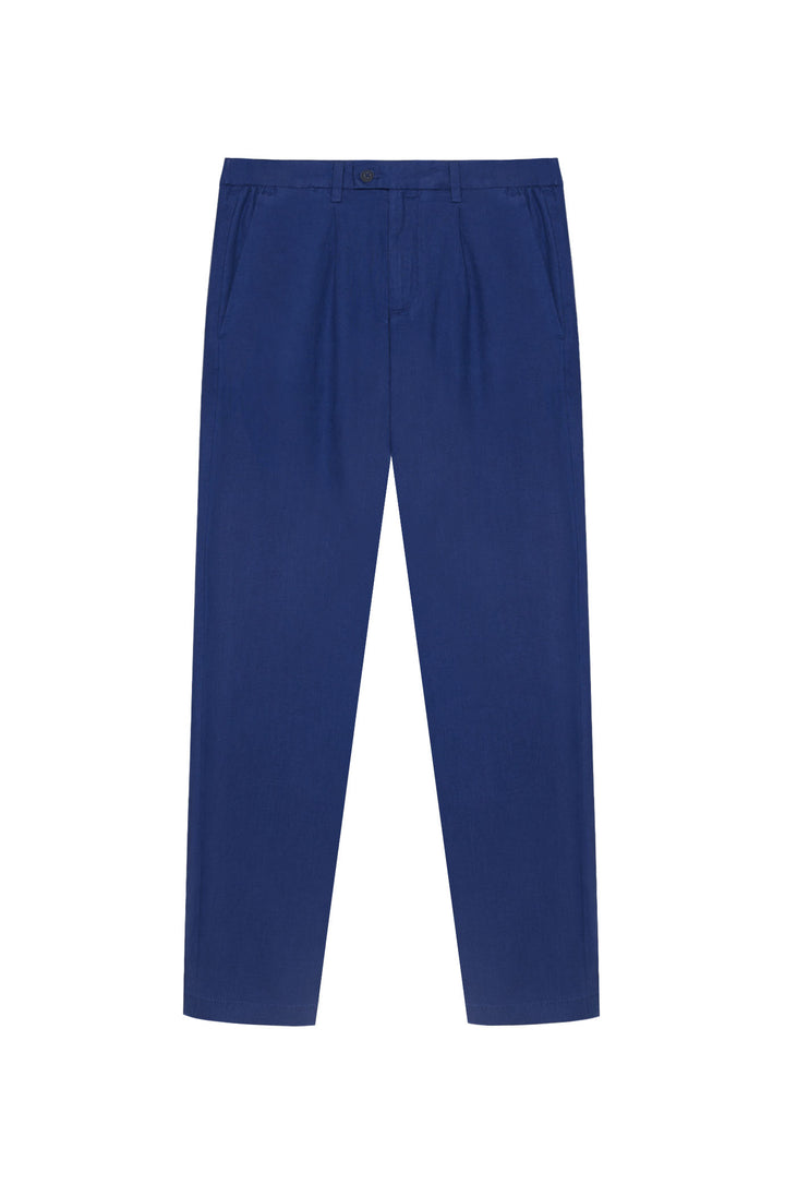 Pantaloni chinos drop crotch fit in 100% lino|Colore:Royal