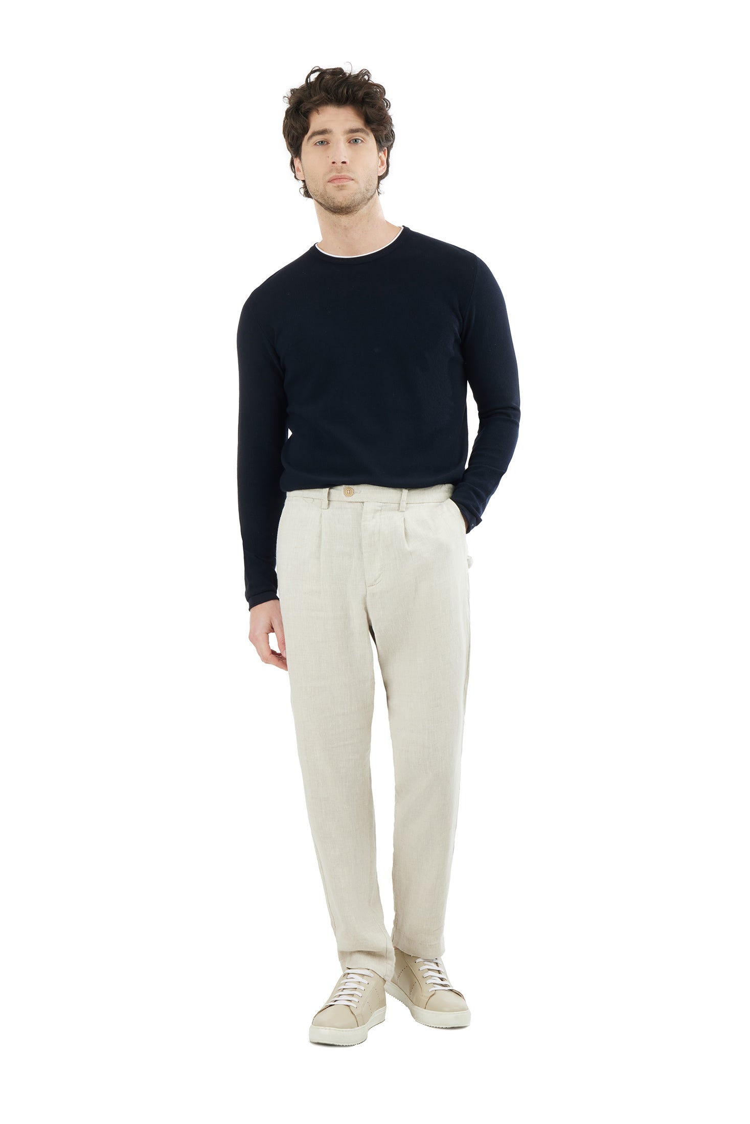 Pantaloni chinos drop crotch fit in 100% lino|Colore:Beige-naturale