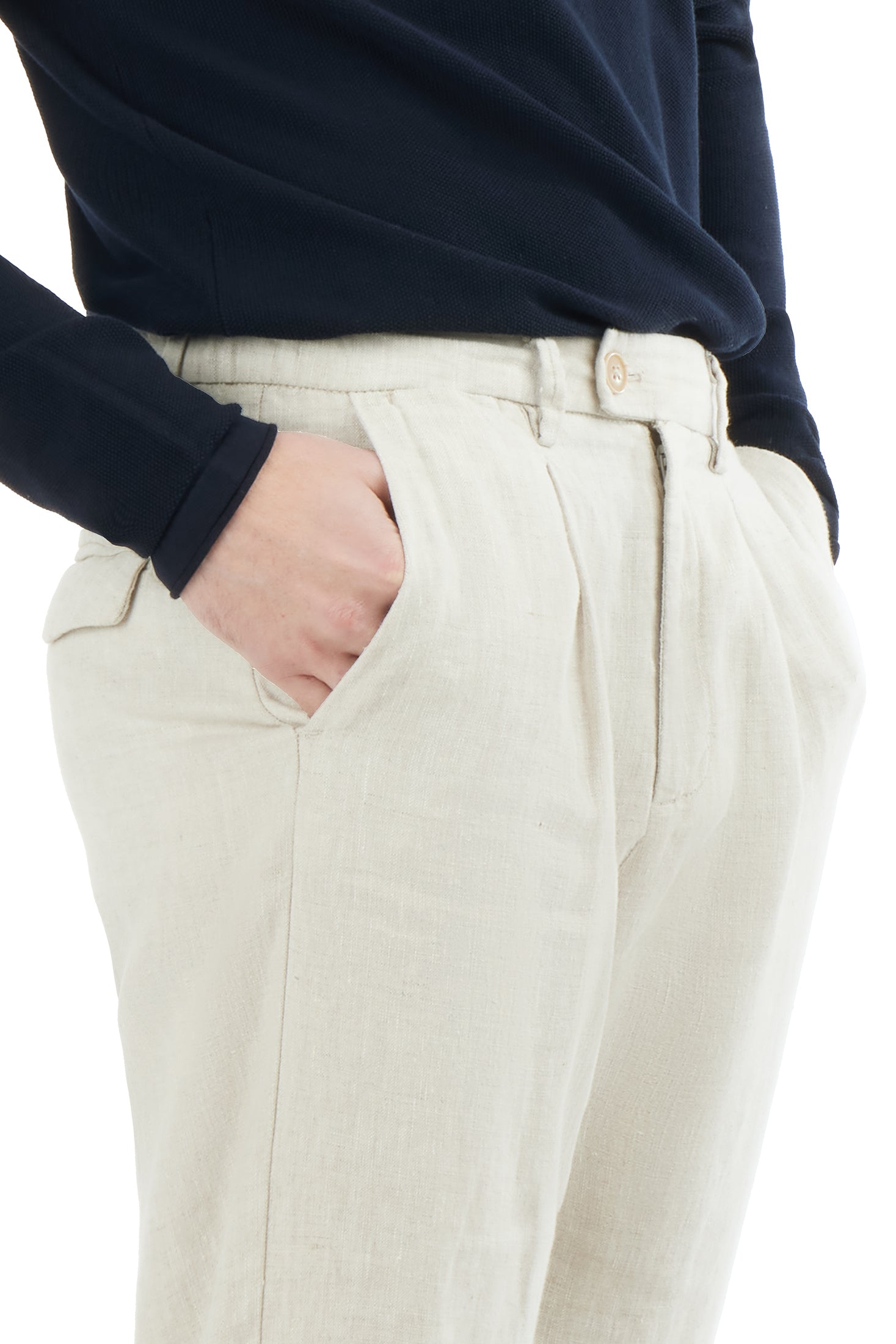 Pantaloni chinos drop crotch fit in 100% lino|Colore:Beige-naturale