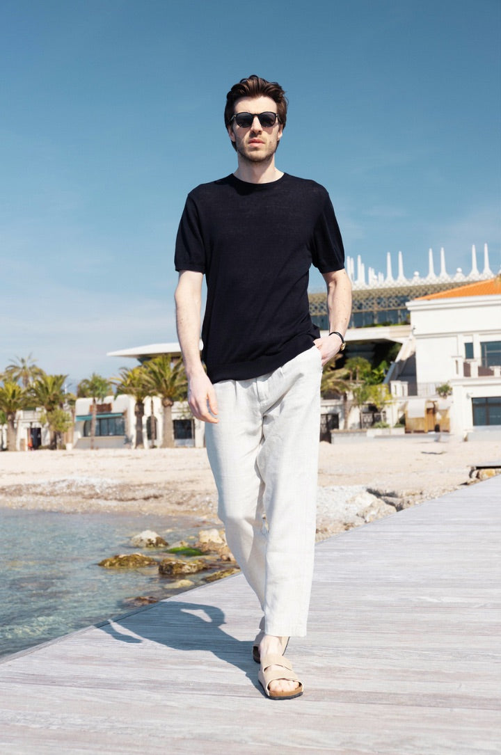 Pantaloni chinos drop crotch fit in 100% lino|Colore:Beige-naturale
