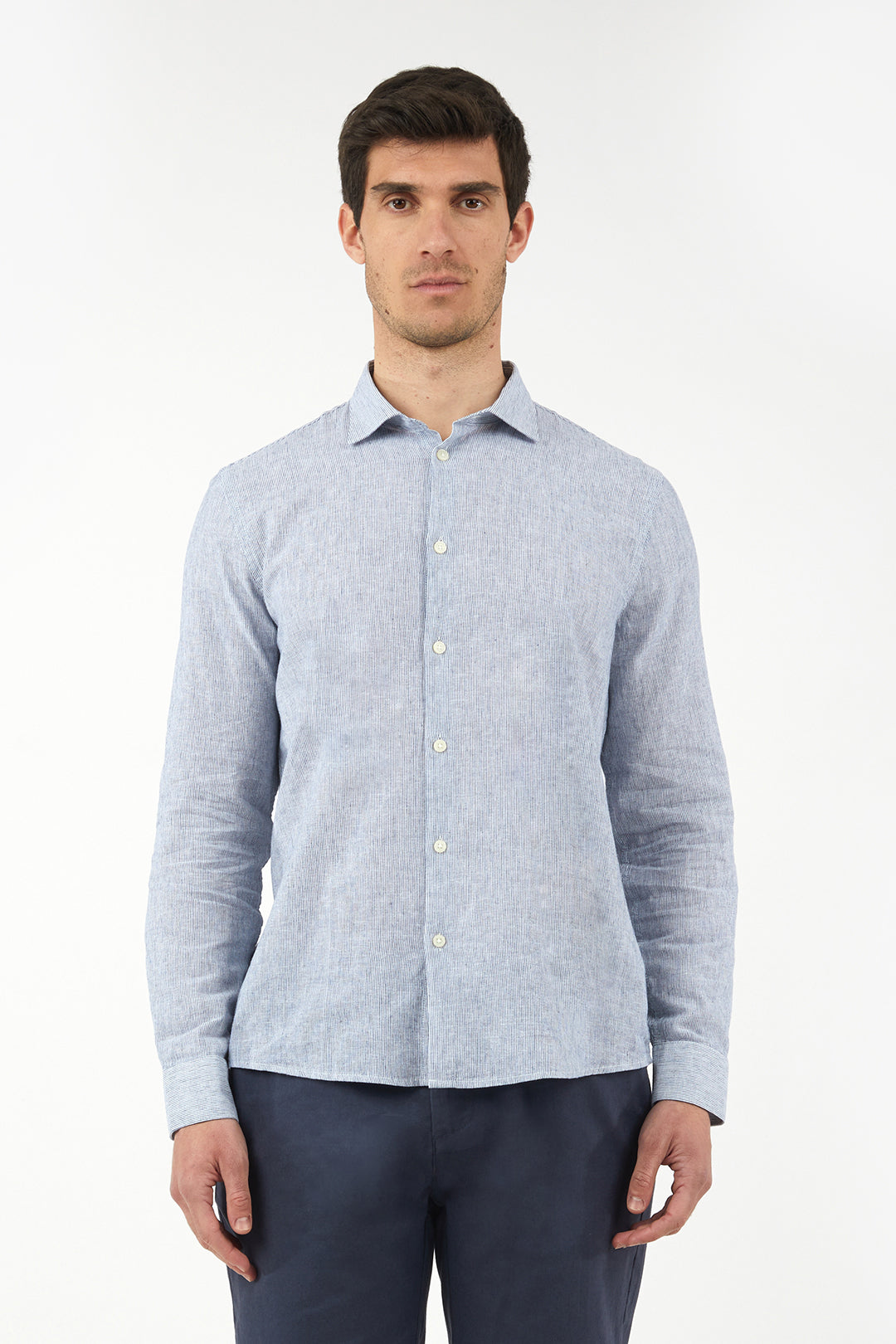 Camicia comfort fit misto lino a righe|Colore:Celeste