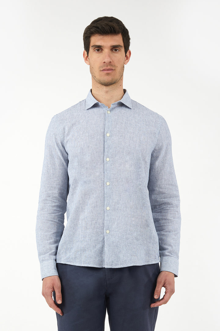 Camicia comfort fit misto lino a righe|Colore:Celeste