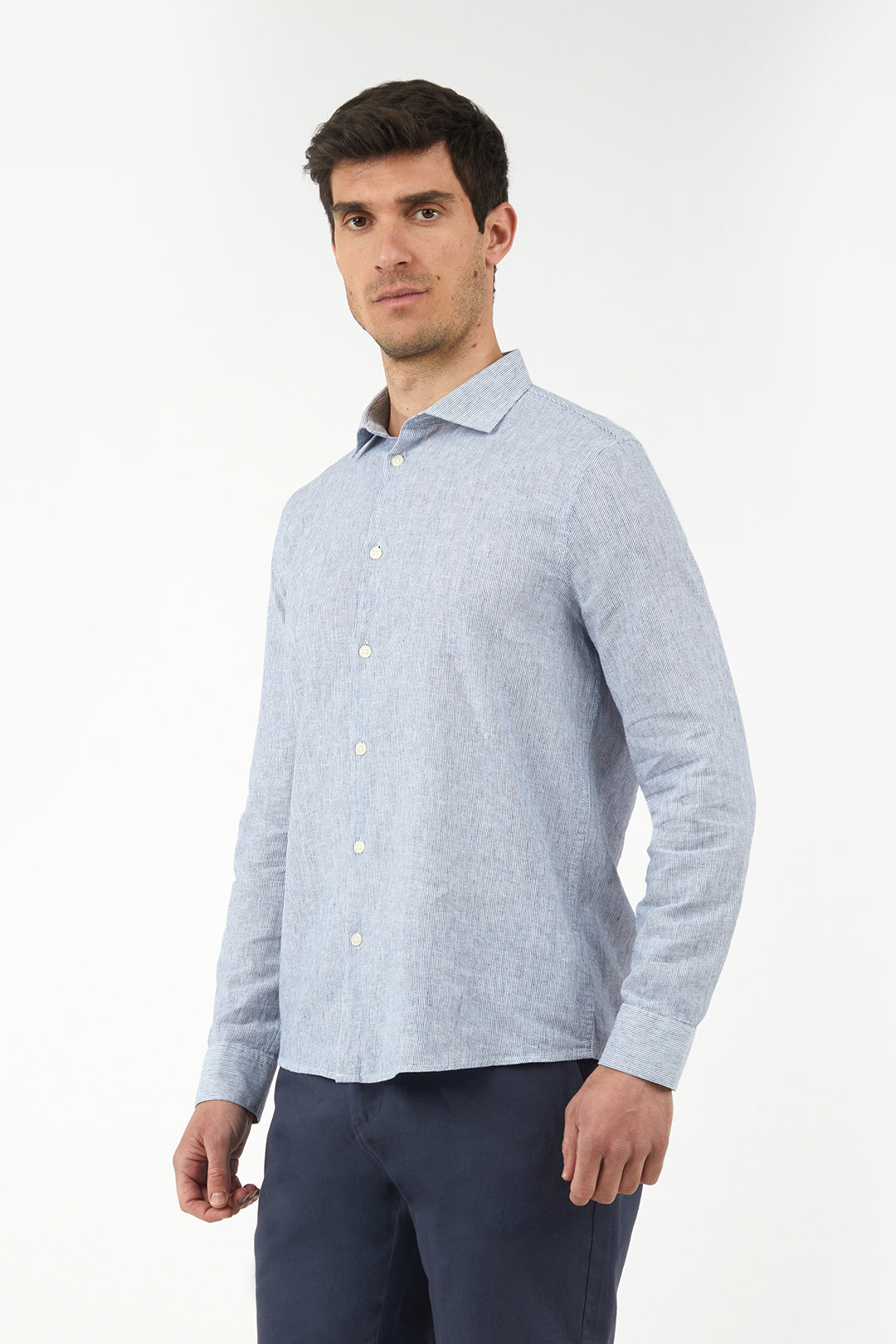 Camicia comfort fit misto lino a righe|Colore:Celeste