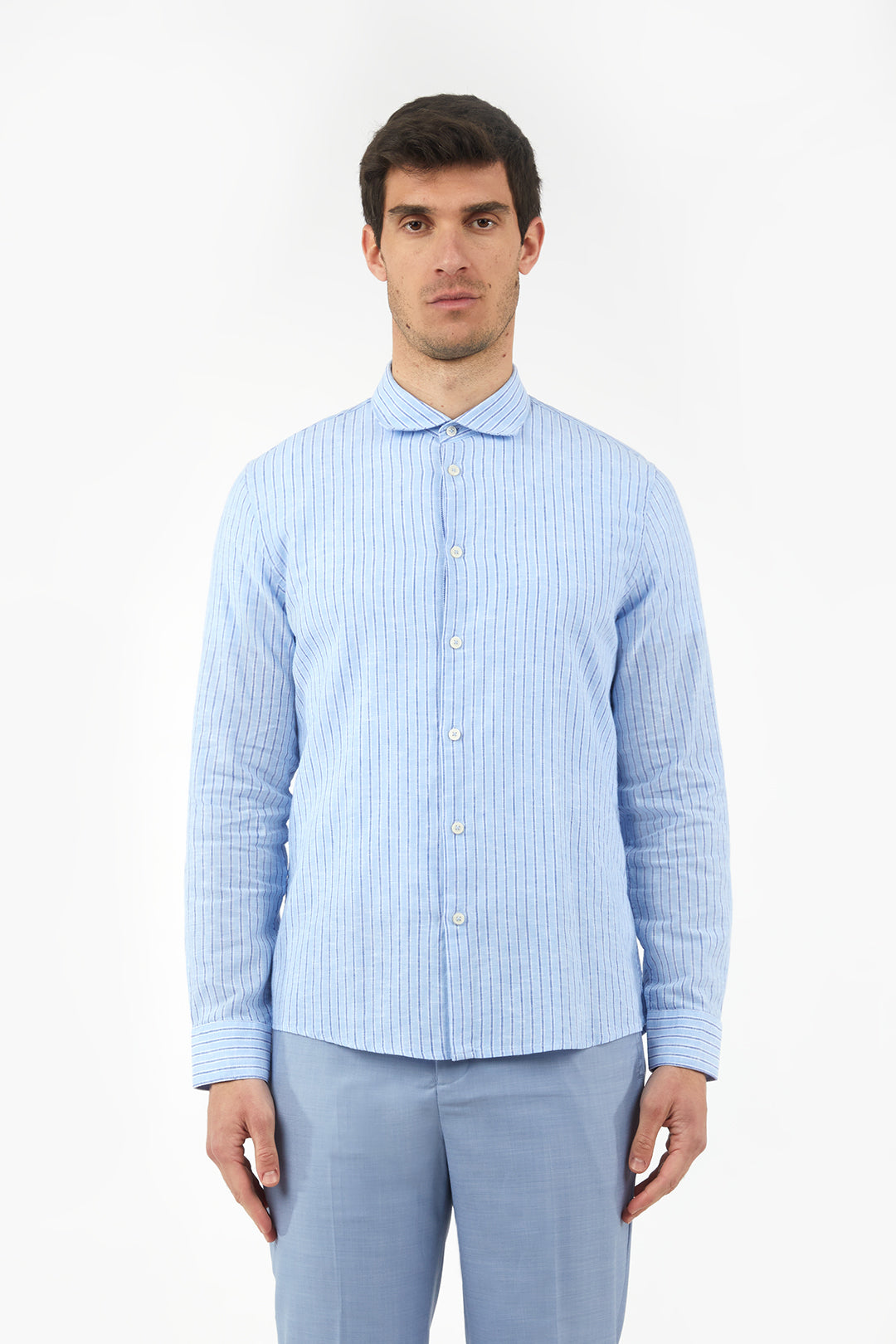 Camicia comfort fit misto lino a righe|Colore:Azzurro