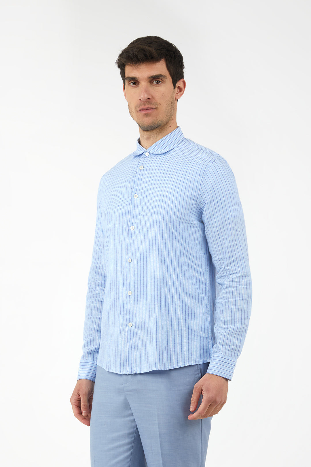 Camicia comfort fit misto lino a righe|Colore:Azzurro