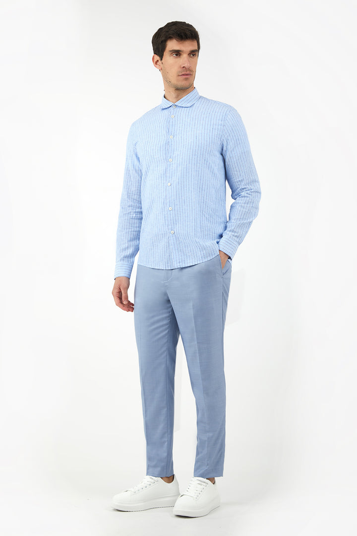 Camicia comfort fit misto lino a righe|Colore:Azzurro