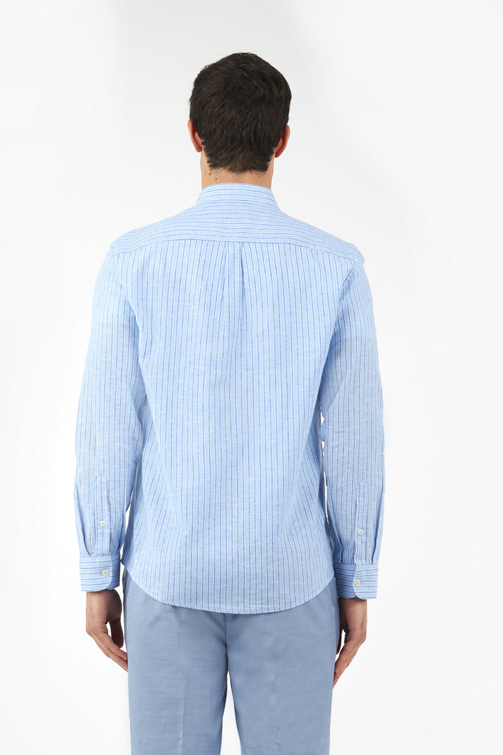 Camicia comfort fit misto lino a righe|Colore:Azzurro