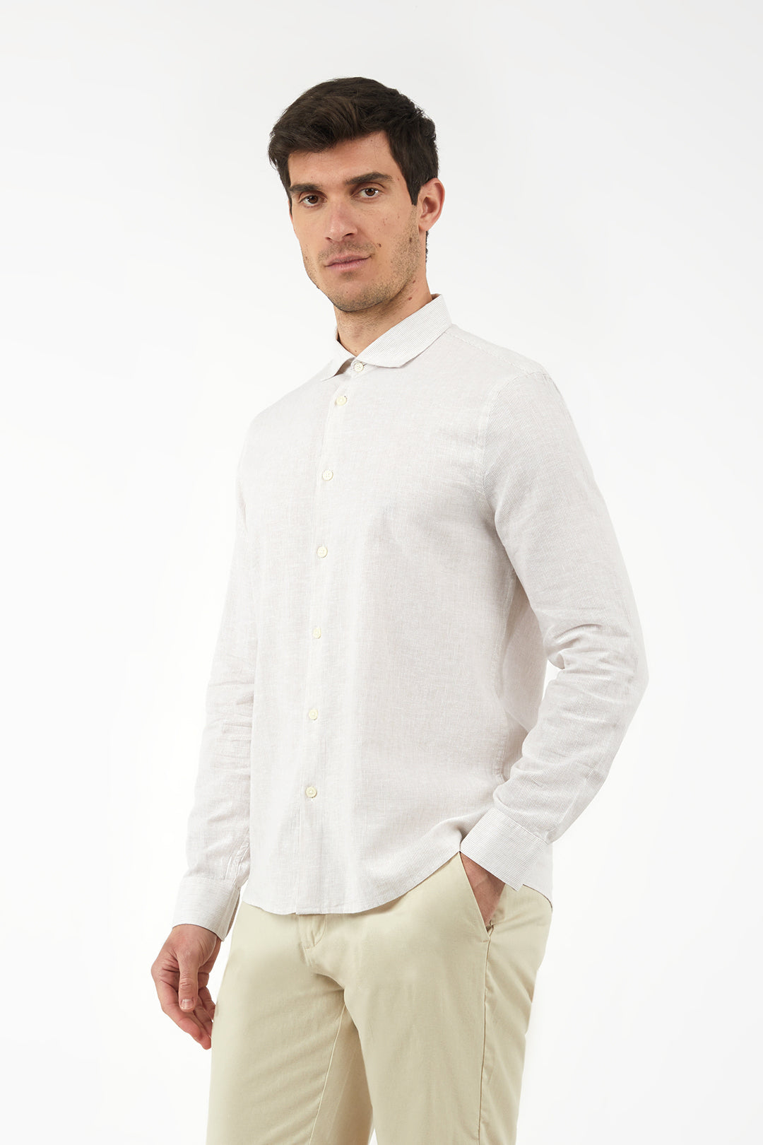 Camicia comfort fit misto lino a righe|Colore:Sabbia