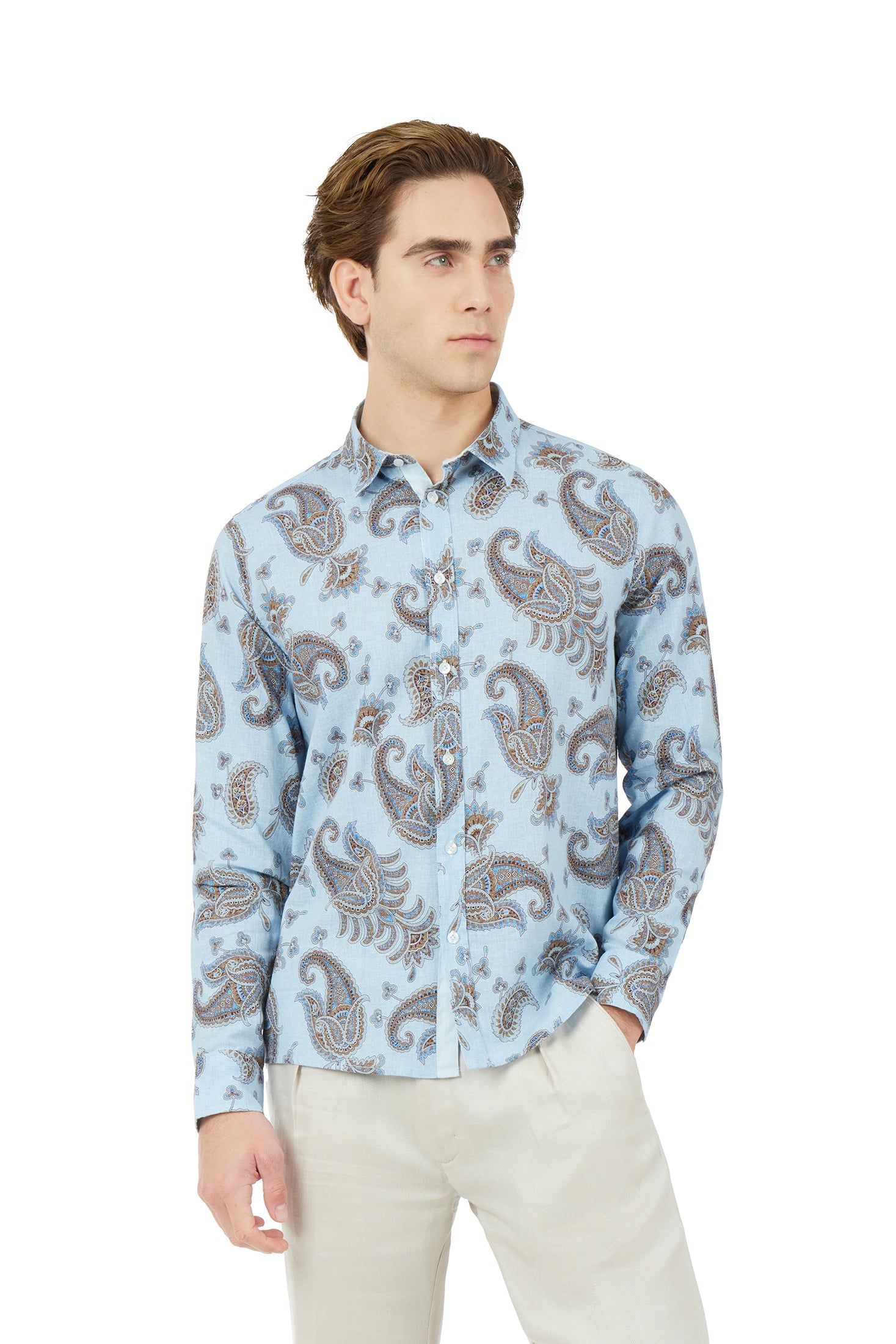 Camicia comfort fit misto lino Paisley|Colore:Celeste