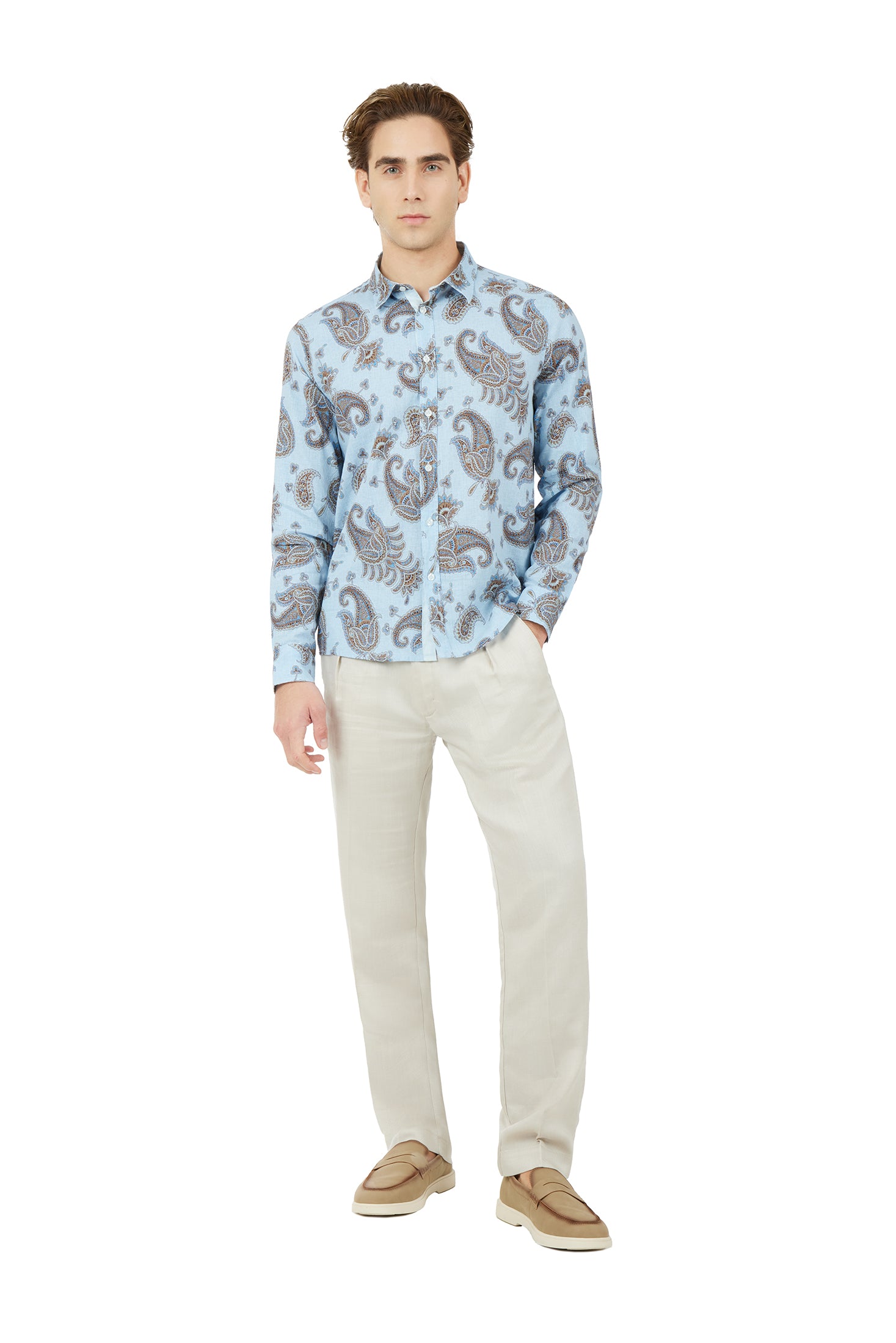 Camicia comfort fit misto lino Paisley|Colore:Celeste