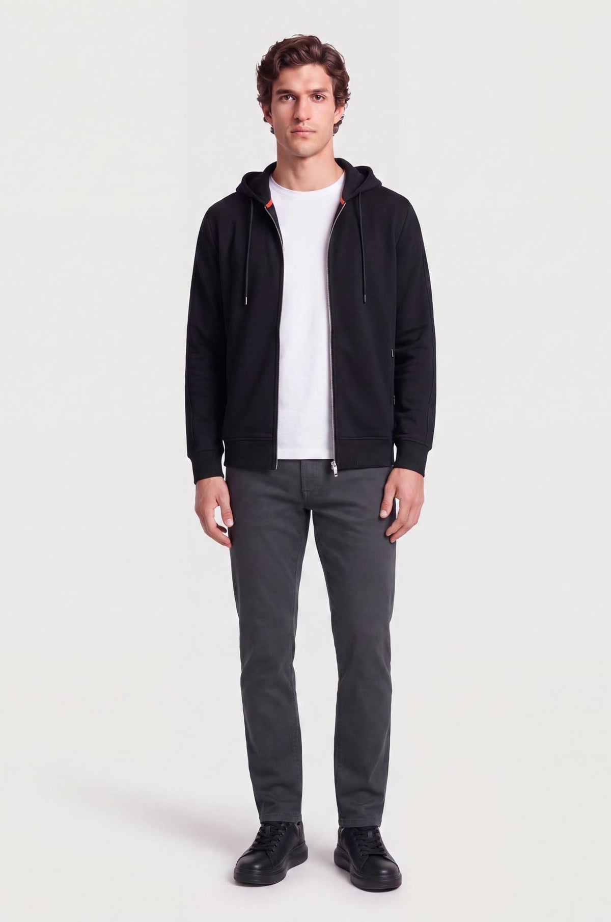 Felpa zip con cappuccio con bande laterali|Colore:Nero