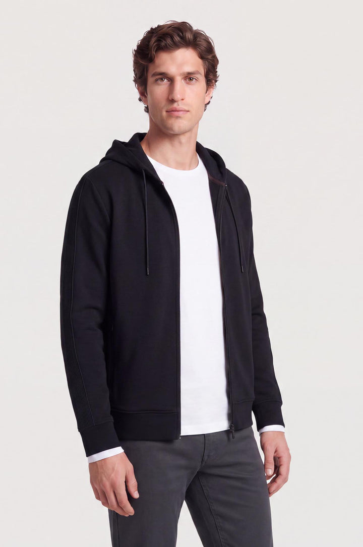 Felpa zip con cappuccio con bande laterali|Colore:Nero