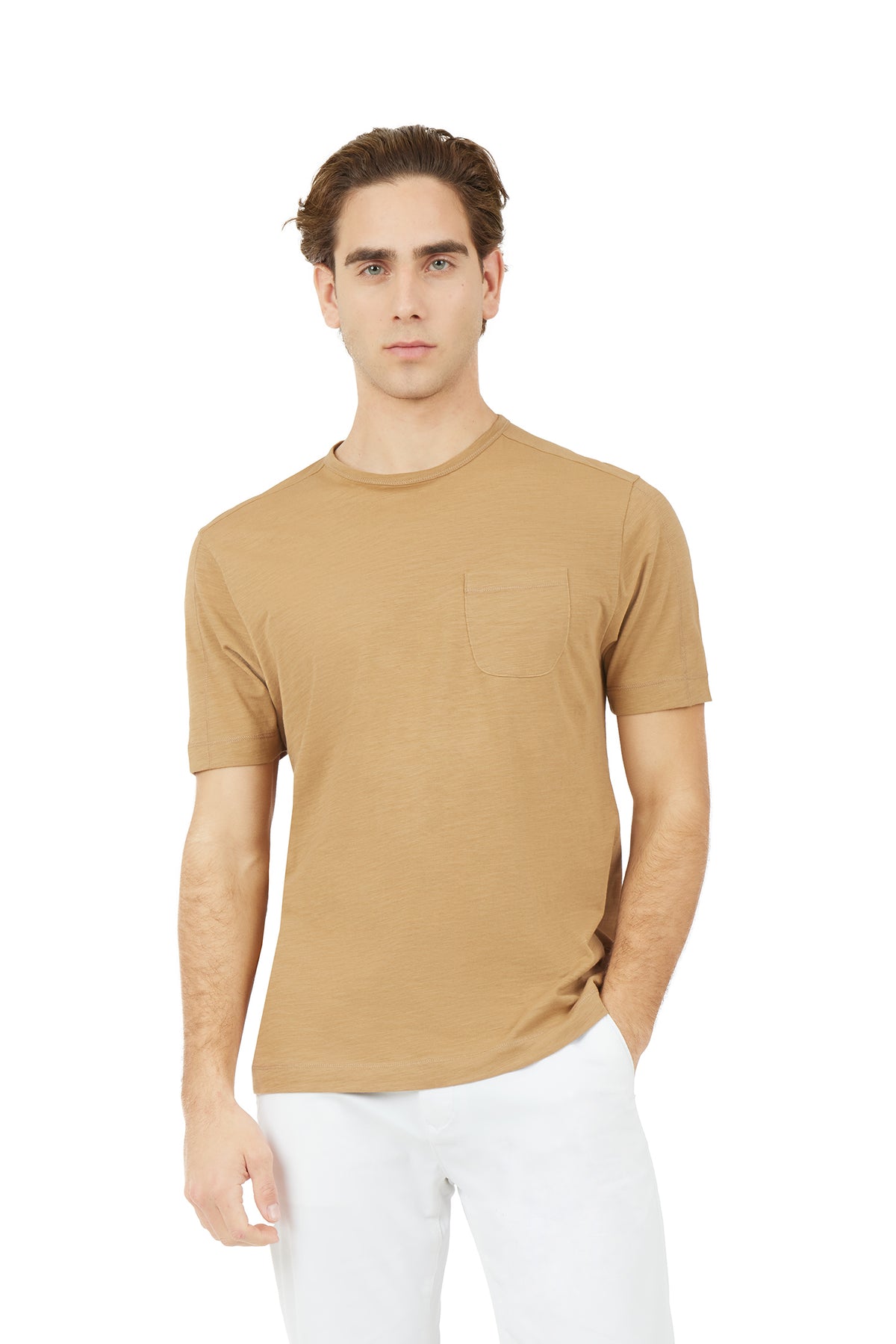 T-shirt fiammata con taschino|Colore:Cammello