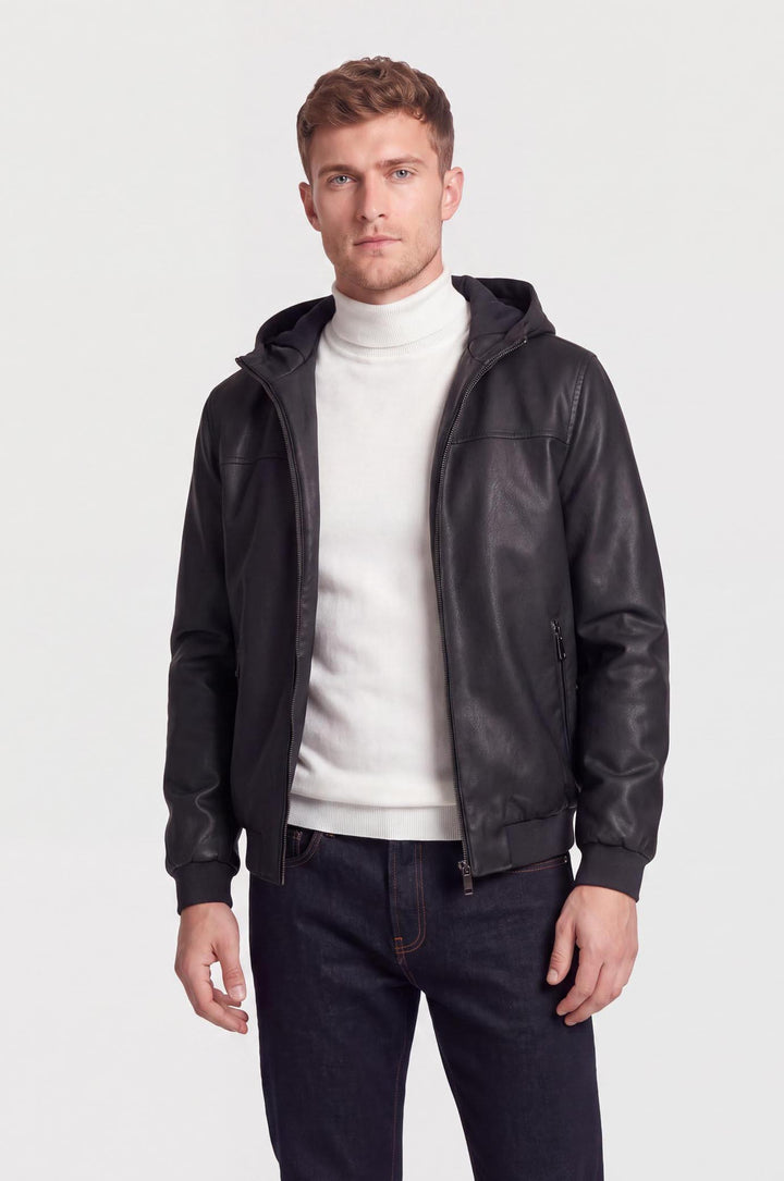 Giubbotto bomber effetto pelle con cappuccio|Colore:Nero