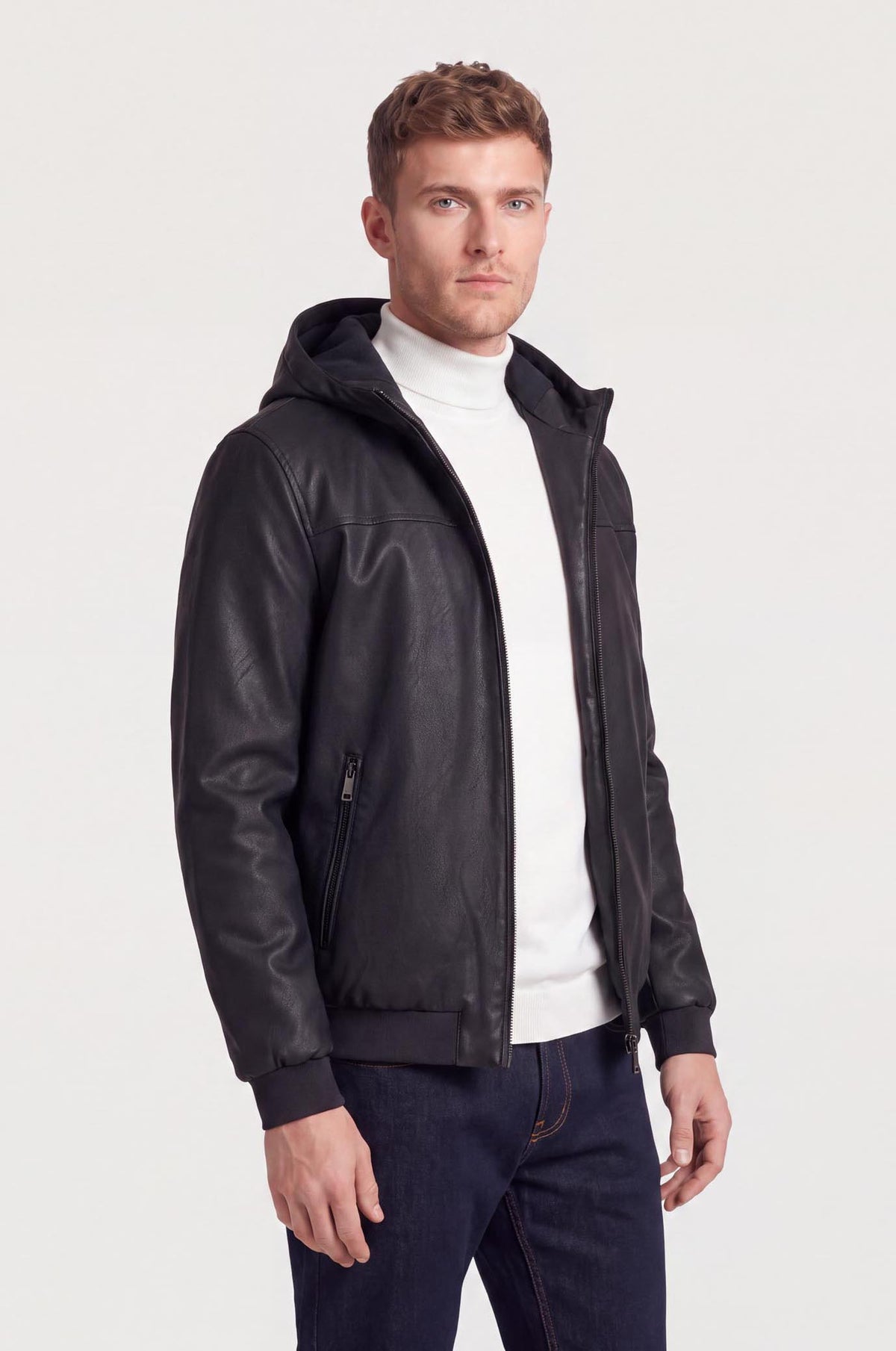 Giubbotto bomber effetto pelle con cappuccio|Colore:Nero