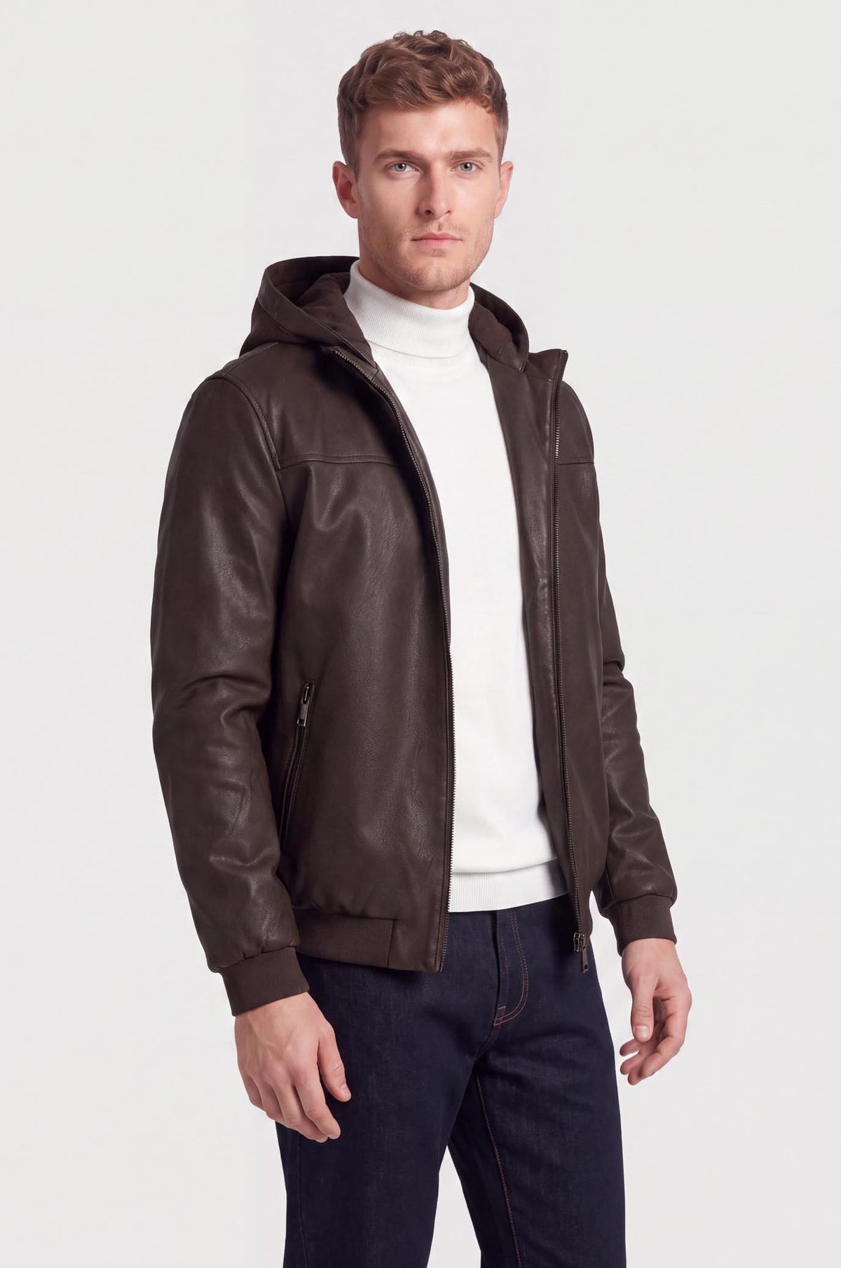 Giubbotto bomber effetto pelle con cappuccio|Colore:Moro